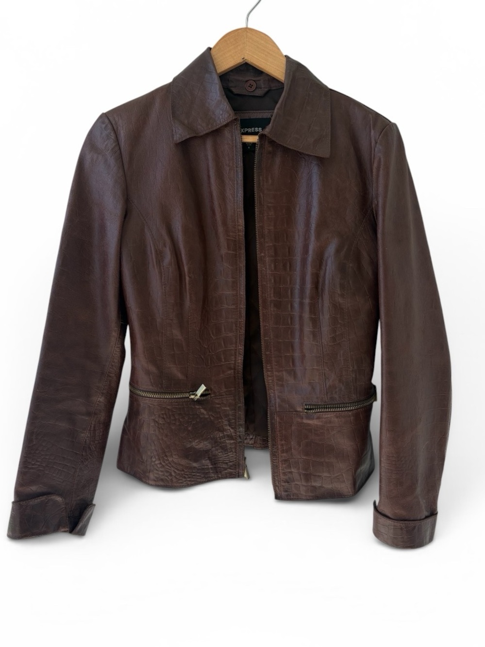 Y2K Express Brown Leather Jacket Women's 6  Fitted Zip Moto